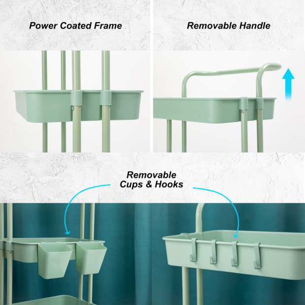 Kitchen Trolley Cart Storage 3 Tier - Green Image 2
