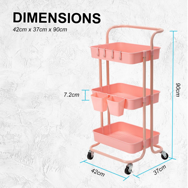 Kitchen Trolley Cart Storage 3 Tier - Pink Image 8