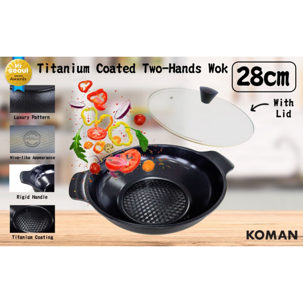 Koman 28cm Two Hands Wok + Glass Lid - Black Image 2