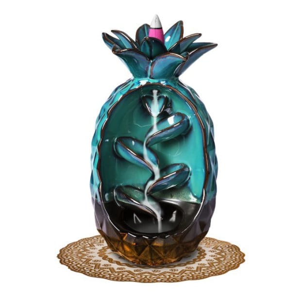 Incense Burner Pineapple Waterfall Smoke Backflow Ceramic Cone Holder + 10 Cones Image 2