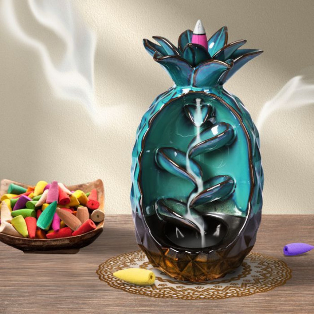 Incense Burner Pineapple Waterfall Smoke Backflow Ceramic Cone Holder + 10 Cones Image 7
