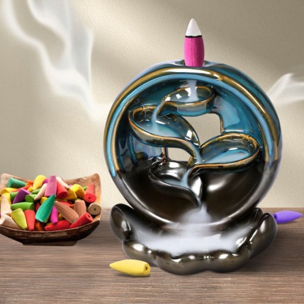 Incense Burner Rounded Waterfall Smoke Backflow Ceramic Cone Holder + 10 Cones Image 7