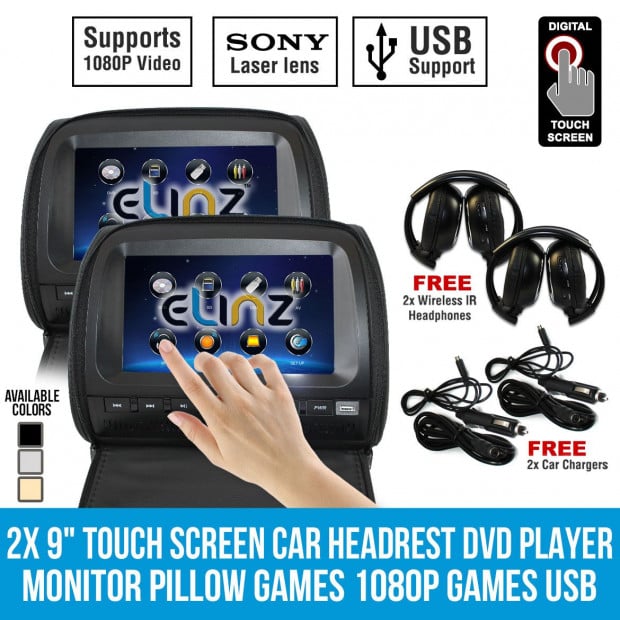 2x 9In Touch Screen Car Headrest Dvd Player Monitor Pillow Games Grey Image 2
