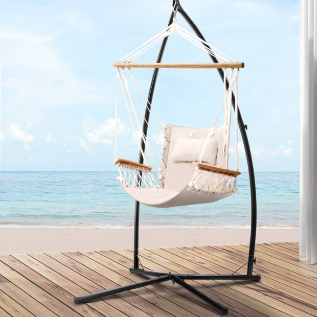 Outdoor Hammock Chair With Steel Stand Hanging Hammock Beach Cream Image 6
