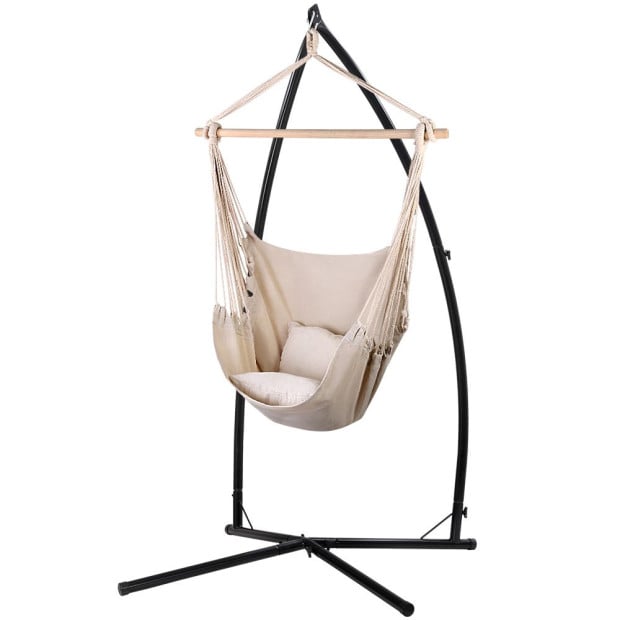 Outdoor Hammock Chair Steel Stand Hanging Hammock With Pillow Cream