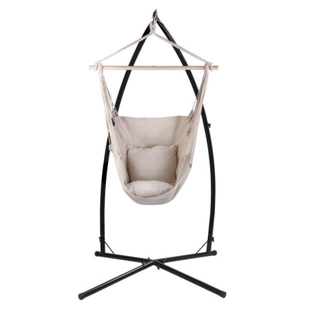 Outdoor Hammock Chair Steel Stand Hanging Hammock With Pillow Cream Image 3