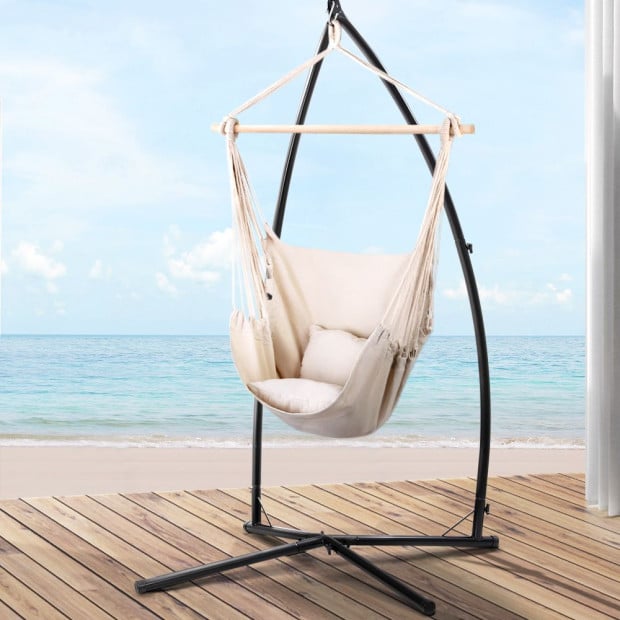 Outdoor Hammock Chair Steel Stand Hanging Hammock With Pillow Cream Image 7