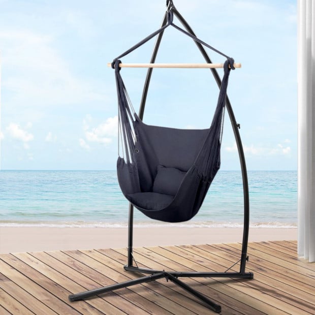 Outdoor Hammock Chair Steel Stand Hanging Hammock w/ Pillow Grey Image 8