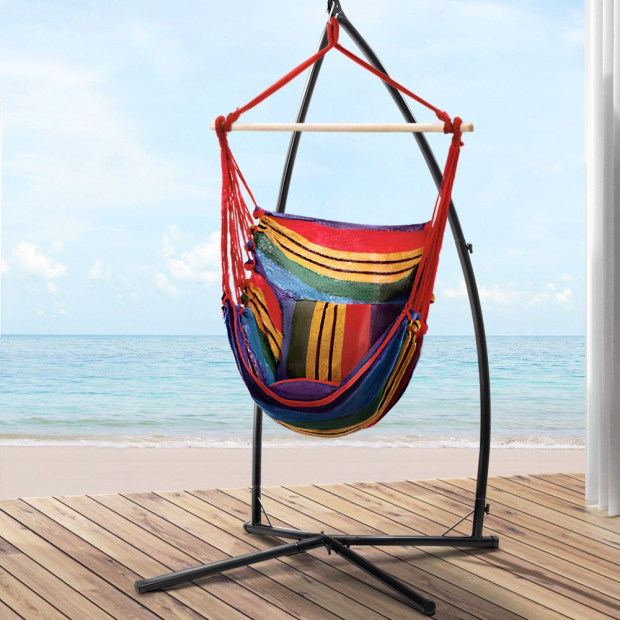 Outdoor Hammock Chair With Steel Stand Hanging Hammock Pillow Rainbow Image 8