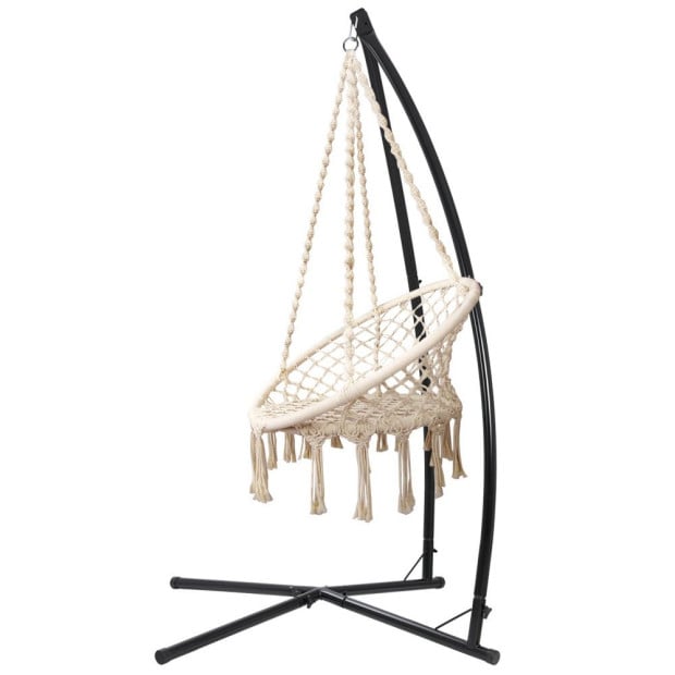 Outdoor Hammock Chair Steel Stand Cotton Swing Hanging 124cm Cream Image 3