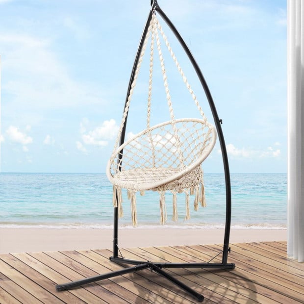 Outdoor Hammock Chair Steel Stand Cotton Swing Hanging 124cm Cream Image 8
