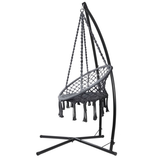 Outdoor Hammock Chair With Steel Stand Cotton Swing Hanging 124cm Grey Image 3