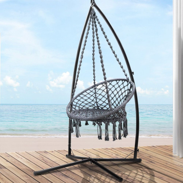 Outdoor Hammock Chair With Steel Stand Cotton Swing Hanging 124cm Grey Image 8