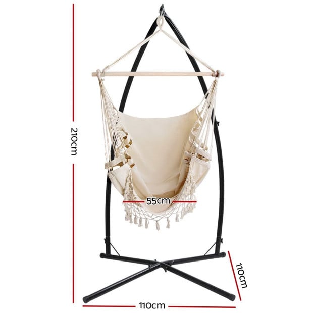 Outdoor Hammock Chair Steel Stand Tassel Hanging Rope - Cream Image 2