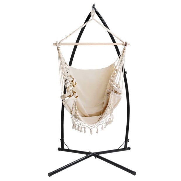 Outdoor Hammock Chair Steel Stand Tassel Hanging Rope - Cream Image 3