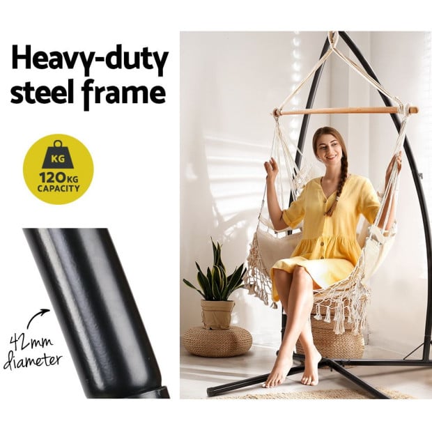 Outdoor Hammock Chair Steel Stand Tassel Hanging Rope - Cream Image 6