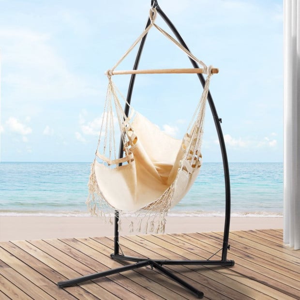 Outdoor Hammock Chair Steel Stand Tassel Hanging Rope - Cream Image 8