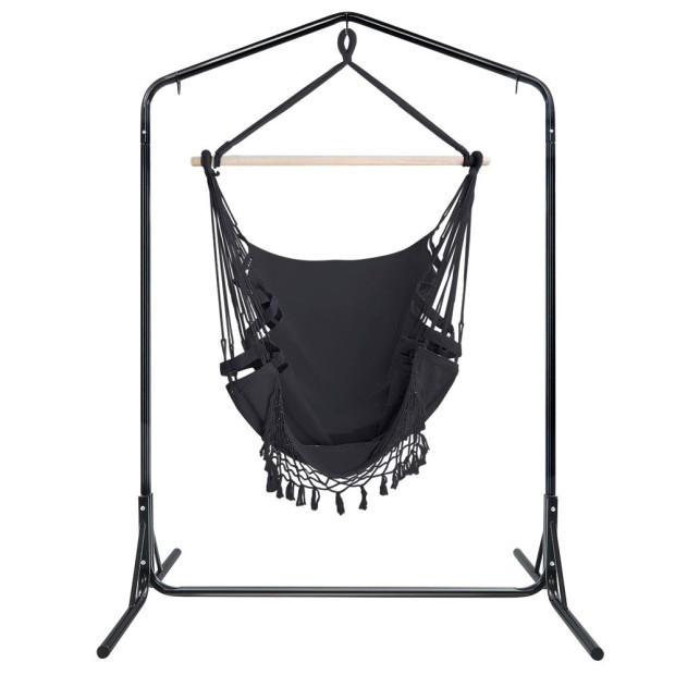 Outdoor Hammock Chair With Stand Tassel Hanging Rope Hammocks Grey Image 3