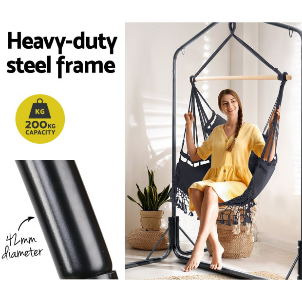 Outdoor Hammock Chair With Stand Tassel Hanging Rope Hammocks Grey Image 5