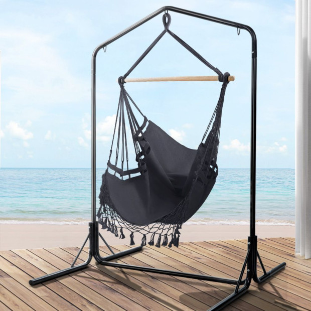 Outdoor Hammock Chair With Stand Tassel Hanging Rope Hammocks Grey Image 8