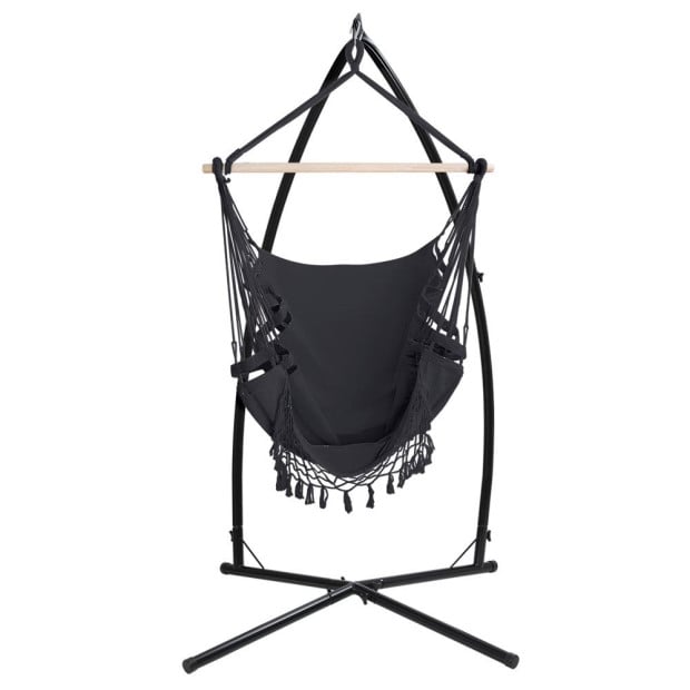 Outdoor Hammock Chair Steel Stand Tassel Hanging Rope Hammock Grey Image 3