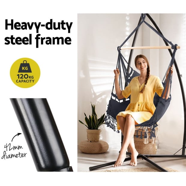 Outdoor Hammock Chair Steel Stand Tassel Hanging Rope Hammock Grey Image 5