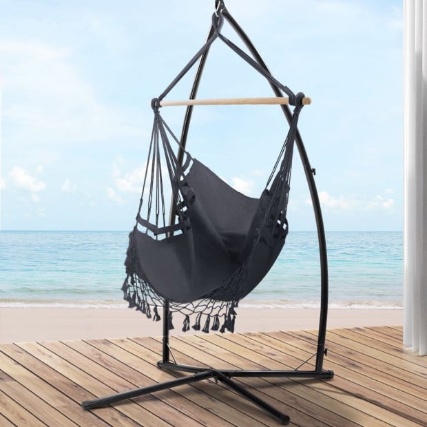 Outdoor Hammock Chair Steel Stand Tassel Hanging Rope Hammock Grey Image 8