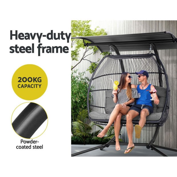 Outdoor Lounge Hanging Swing Chair Hammock Stand Rattan Wicker Grey Image 5