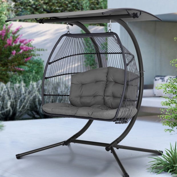 Outdoor Lounge Hanging Swing Chair Hammock Stand Rattan Wicker Grey Image 8
