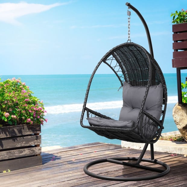 Outdoor Egg Swing Chair Wicker Furniture Pod Stand Armrest Black Image 5