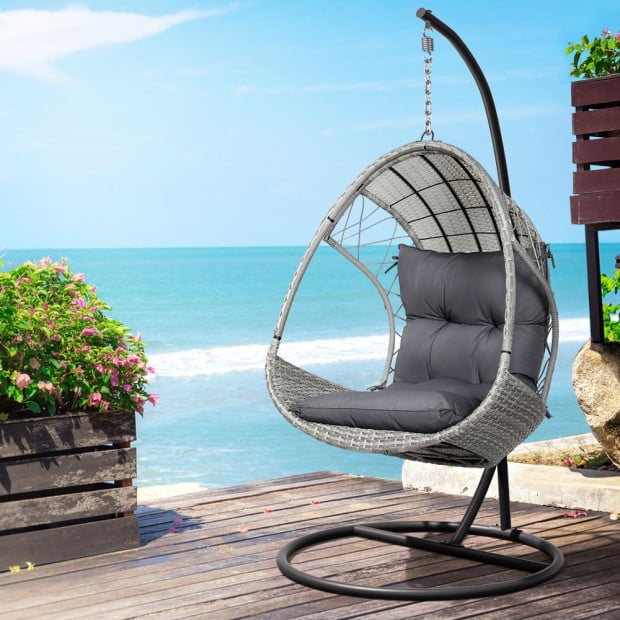 Outdoor Egg Swing Chair Wicker Furniture Pod Stand Armrest Light Grey Image 6
