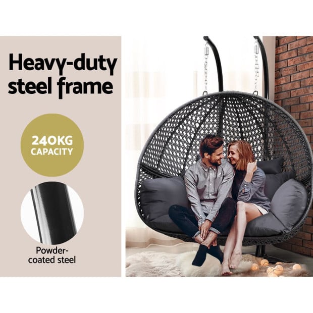 Outdoor Egg Swing Chair Hanging Pod Chair Wicker Cushion 2 Person Grey Image 5