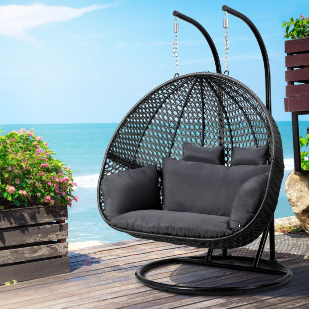 Outdoor Egg Swing Chair Hanging Pod Chair Wicker Cushion 2 Person Grey Image 8