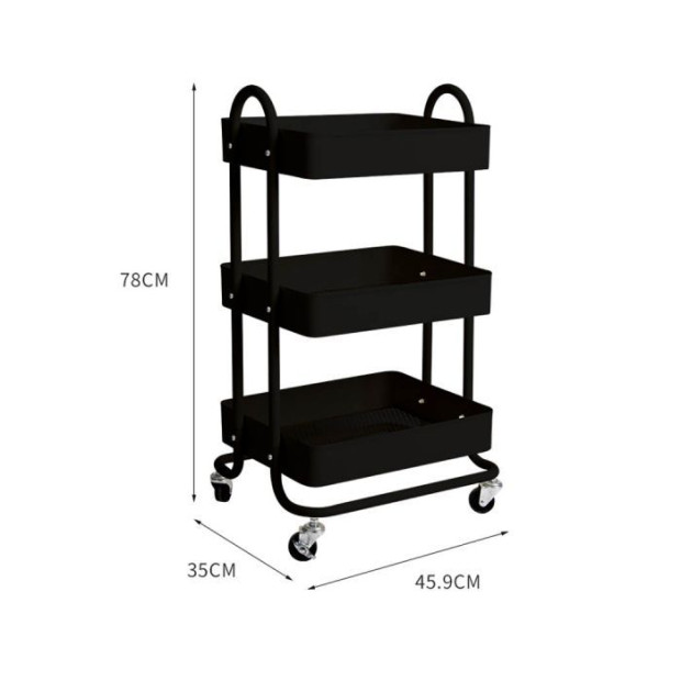 3 Tiers Kitchen Trolley Cart Steel Storage Rack Shelf Organiser Wheels Black Image 3
