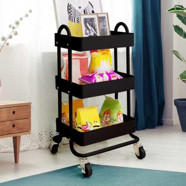 3 Tiers Kitchen Trolley Cart Steel Storage Rack Shelf Organiser Wheels Black Image 7