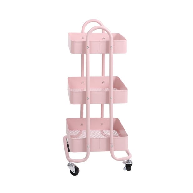3 Tiers Kitchen Trolley Cart Steel Storage Rack Shelf Organiser Pink Image 2