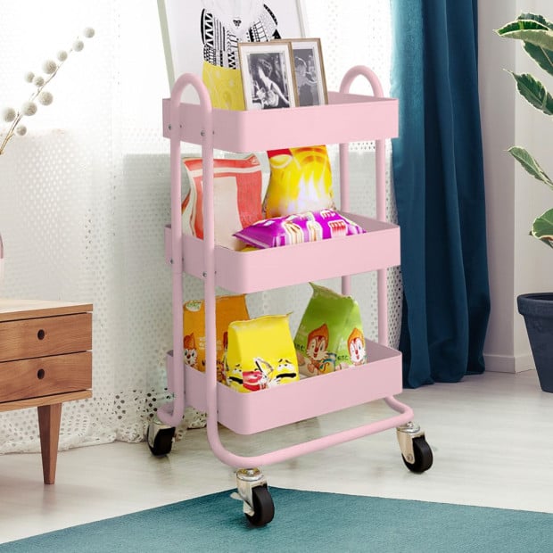 3 Tiers Kitchen Trolley Cart Steel Storage Rack Shelf Organiser Pink Image 4