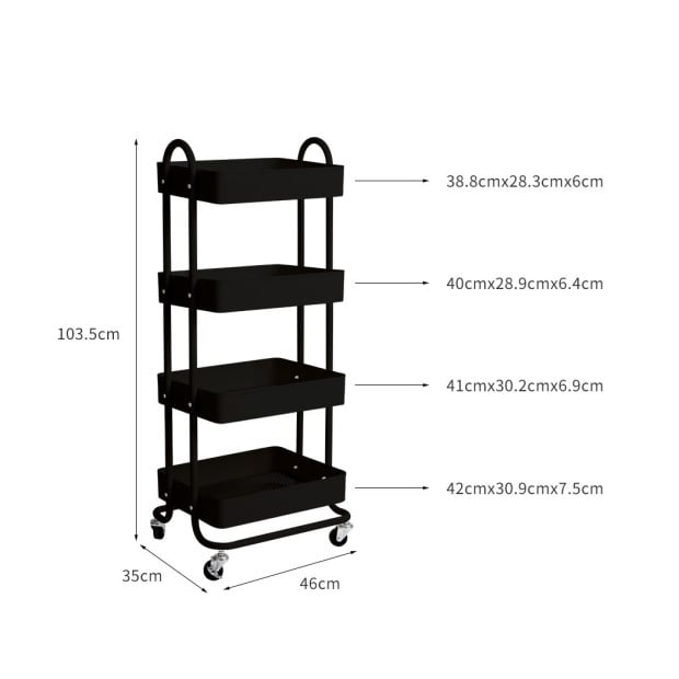 4 Tiers Kitchen Trolley Cart Steel Storage Rack Shelf Organiser Black Image 3