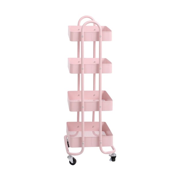 4 Tiers Kitchen Trolley Cart Steel Storage Rack Shelf Organiser Pink Image 2