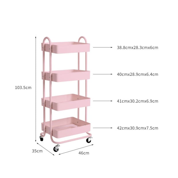 4 Tiers Kitchen Trolley Cart Steel Storage Rack Shelf Organiser Pink Image 3