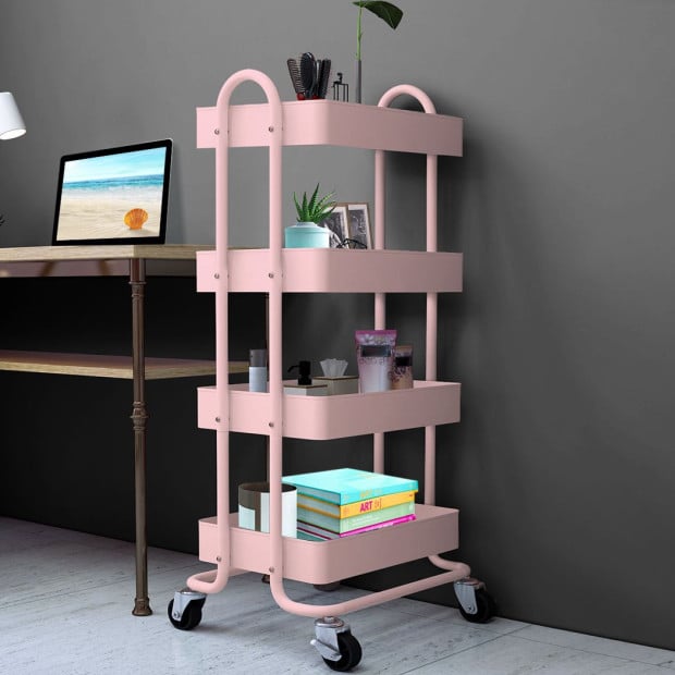 4 Tiers Kitchen Trolley Cart Steel Storage Rack Shelf Organiser Pink Image 7
