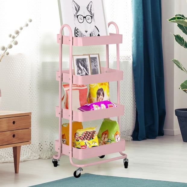 4 Tiers Kitchen Trolley Cart Steel Storage Rack Shelf Organiser Pink Image 8