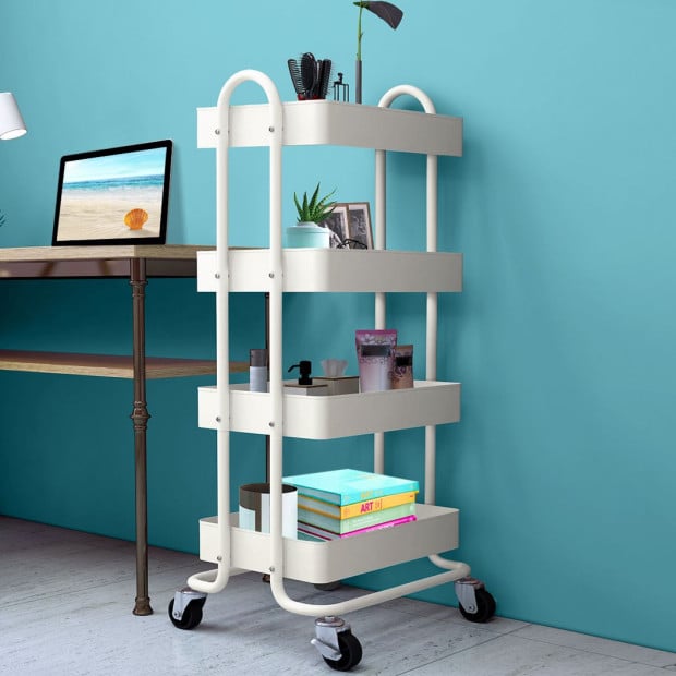 4 Tiers Kitchen Trolley Cart Steel Storage Rack Shelf Organiser White Image 7