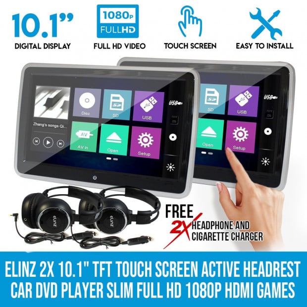 2x 10.1In Tft Touch Screen Active Headrest Car Dvd Player Full Hd