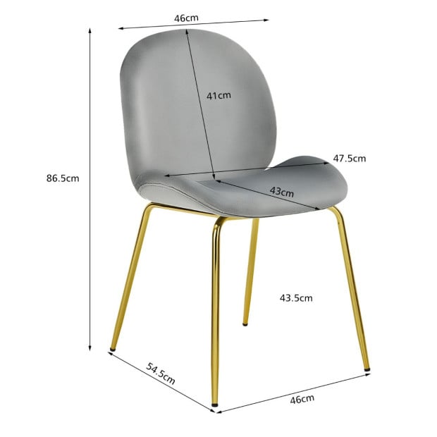 2x Modern Velvet Dining Chairs With Golden Finished Metal Legs - Grey Image 4