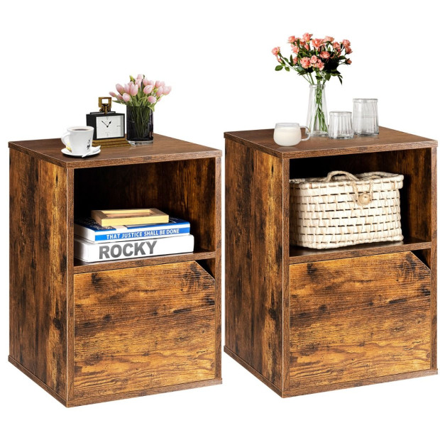 Set Of 2 Bedside Table With Open Compartment For Bedroom