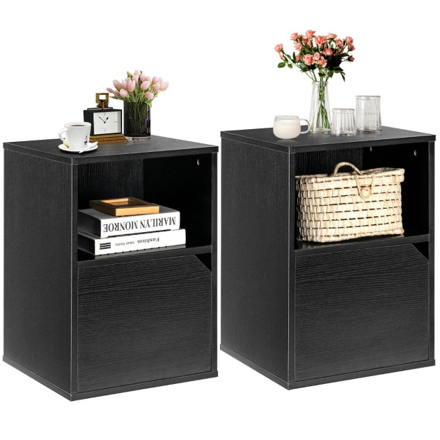 Set Of 2 Bedside Table With Open Compartment For Bedroom Black