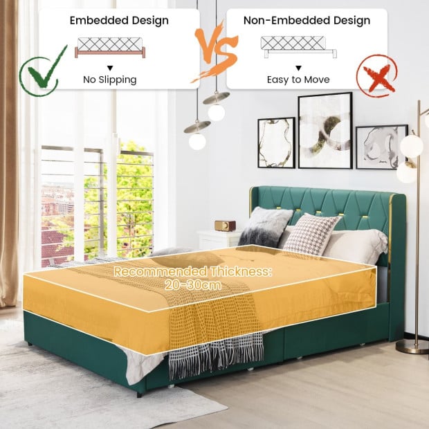 Double Size Upholstered Bed Frame With 4 Drawers - Green Image 9