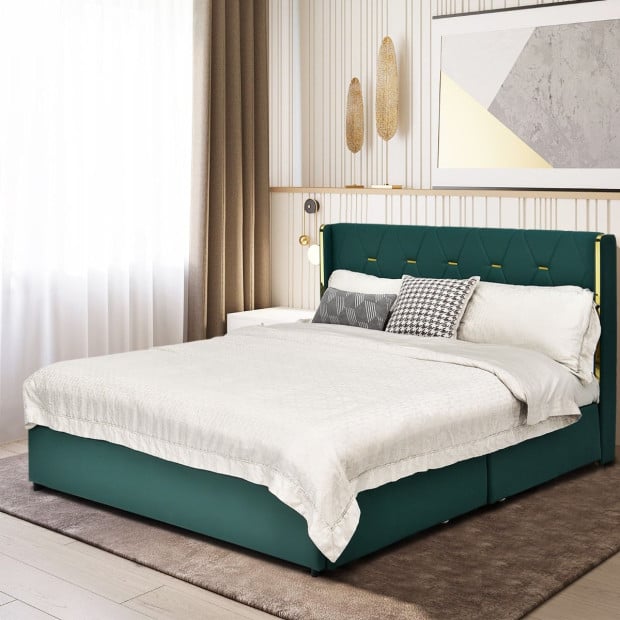 Double Size Upholstered Bed Frame With 4 Drawers - Green Image 6