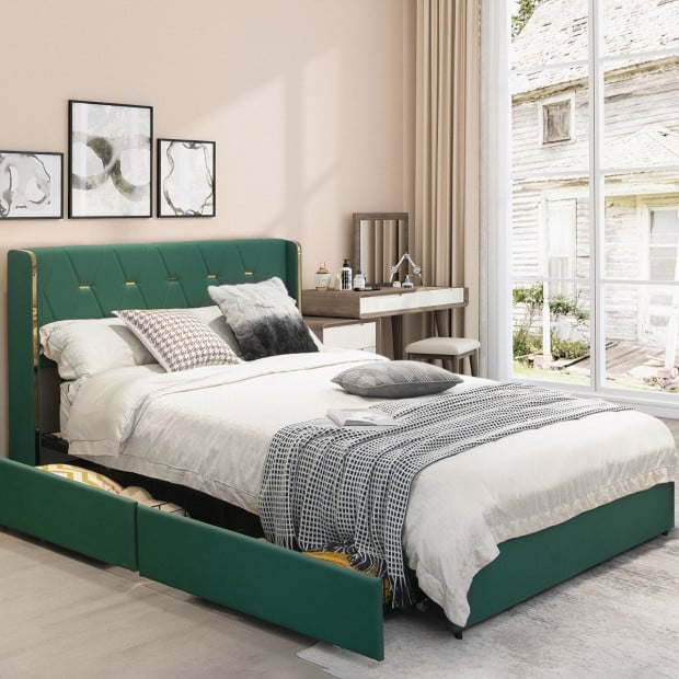 Double Size Upholstered Bed Frame With 4 Drawers - Green Image 2